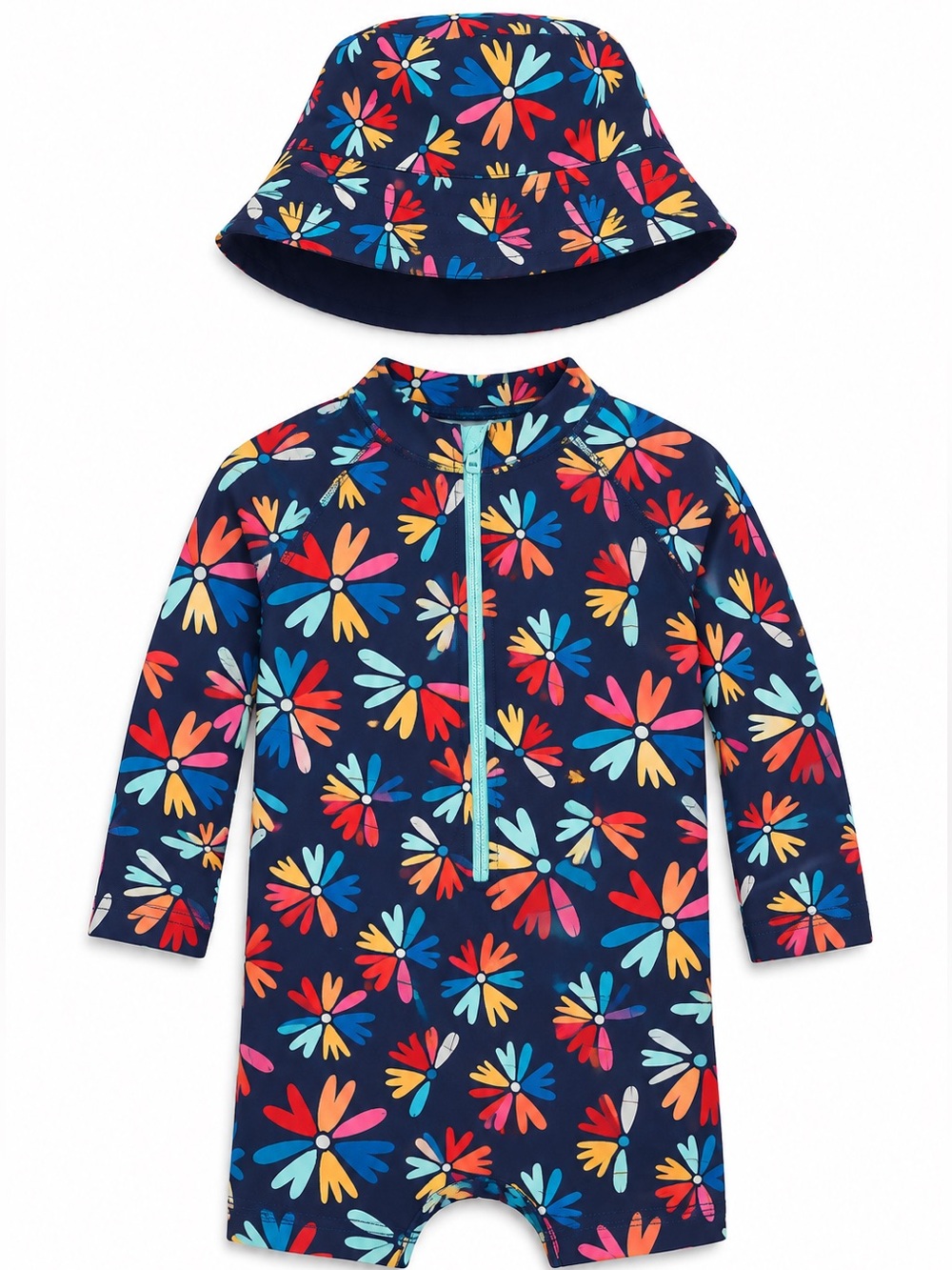 Primary Navy Floral-Print Long Sleeve Rashguard Swimsuit with Matching Hat